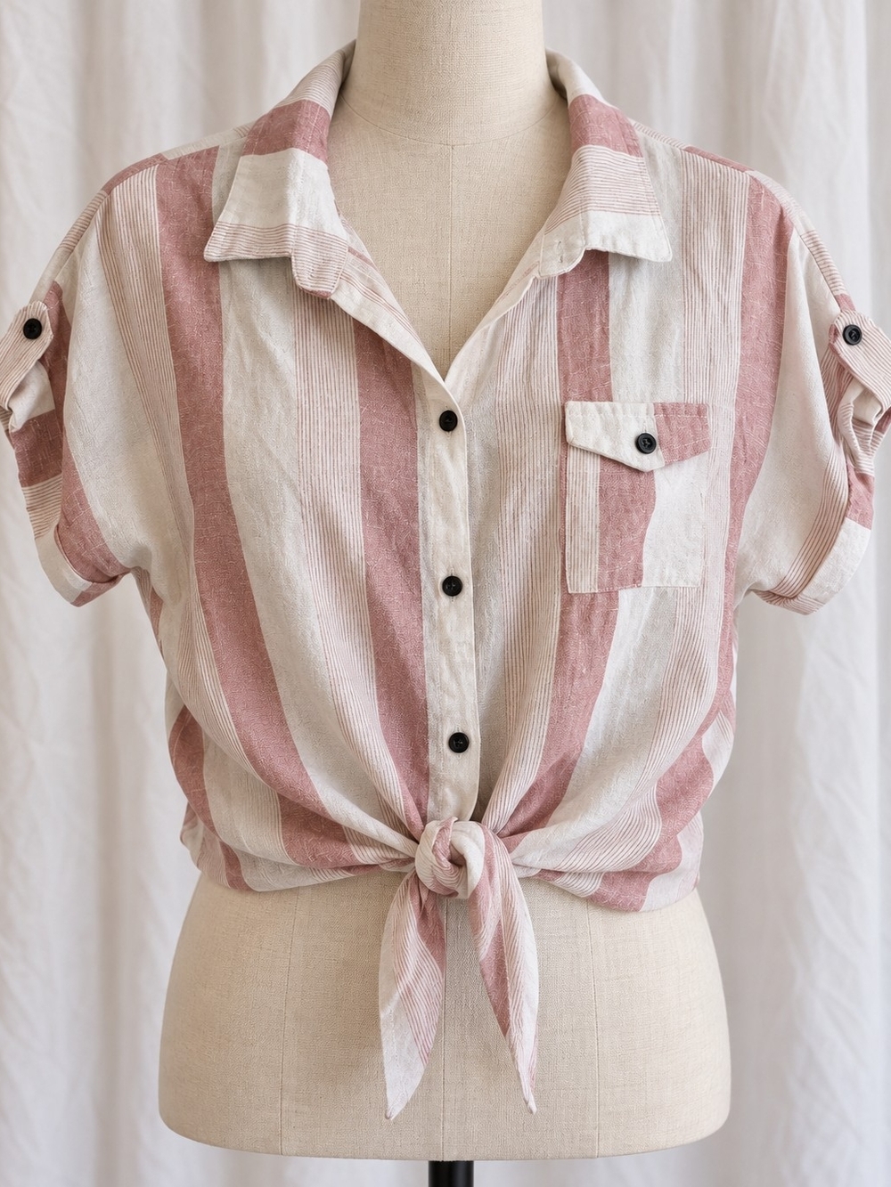 ✨4/$18✨Striped Pink & Cream Tie-Front Button-Down Shirt